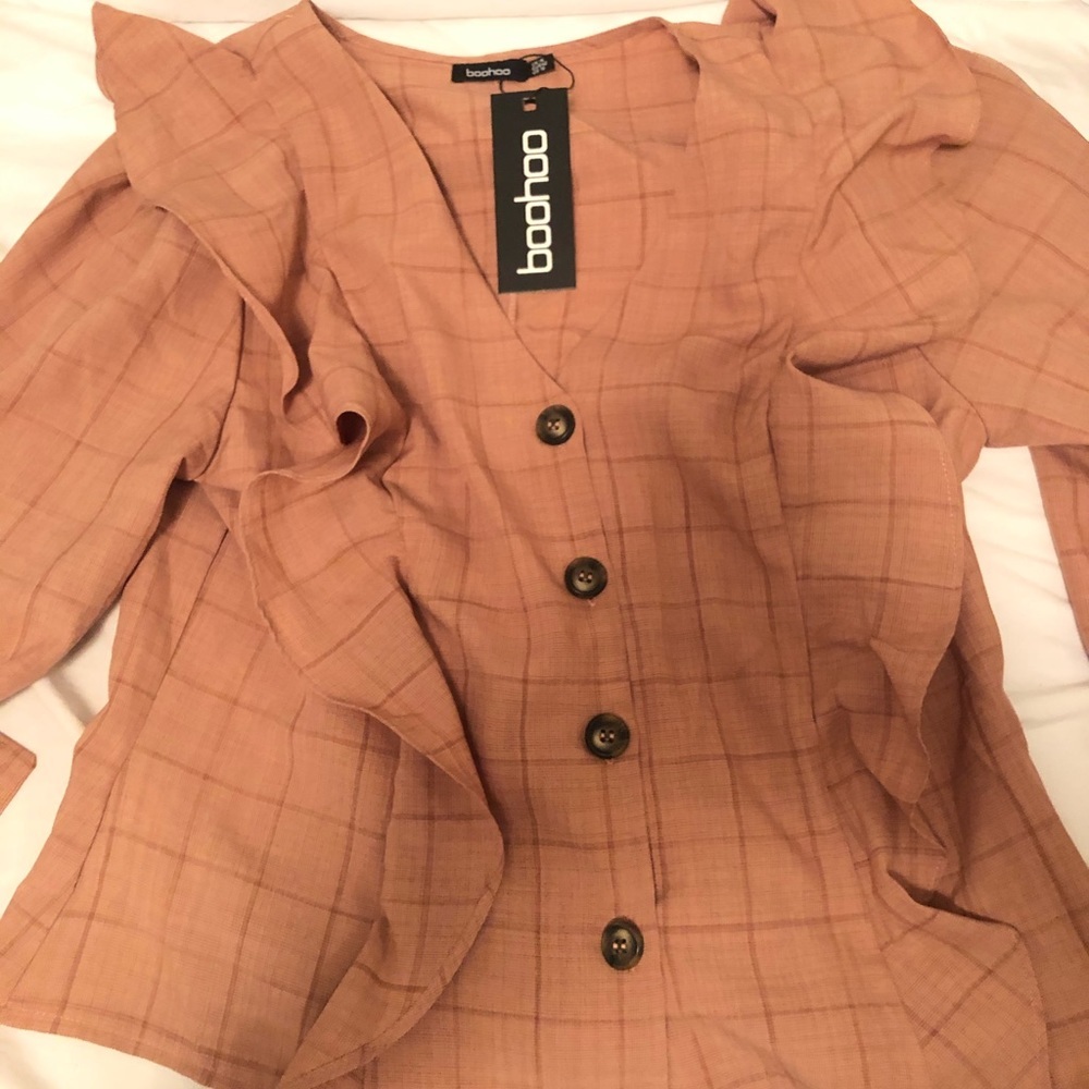 Check Button Down Ruffle Blouse - Picture 3 of 5